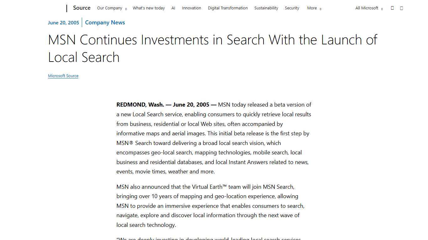 MSN Continues Investments in Search With the Launch of Local Search - Source